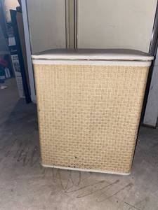 lot 44 image: Vintage Hard top laundry hamper with wicker sides and black wicker cabinet for bathroom