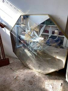 lot 86 image: Large hexagon mirror with floral picture overlay