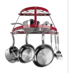 lot 103 image: Red enameled double shelf wall mounted pot rack