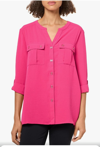 lot 7429015 image: MULTIPLES Womens Cuffed Tab Three Quarters Sleeves Two-Pocket Band Collar Button Front Shirt Large