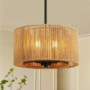 lot 7429038 image: 12.6 Rattan Farmhouse Chandeliers for Dining Room, 3-Light Boho Drum Pendant Lighting for Kitchen Island, Hand Woven Wicker Coastal Chandelier for Breakfast Nook Hallway Entryway