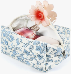 lot 7429047 image: Cotton Quilted Makeup Bag Small Coquette Cute Floral Makeup Pouch Aesthetic Blue Flower Cosmetic Bag Zipper School Pencil Pouch Cloth Trendy Travel Toiletry Bag Organizer for Women Girls