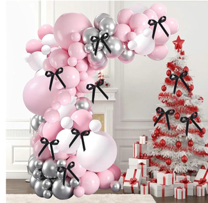 lot 7429052 image: Black Satin Ribbon Bows, Bow Birthday Party Decorations,Pink Christmas Balloon Garland Arch kit with Christmas Pink White Silver Balloons for Merry Christmas Party Bow Party Decorations