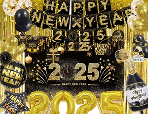 lot 7429104 image: Happy New Year Party Decoration Supplies - 2025 Backdrop Banner Fringe Curtains and Foil Balloon, Photo Booth Props, Swirls, Confetti, New Years Eve Black and Gold Decor Photography Backdrops Kit