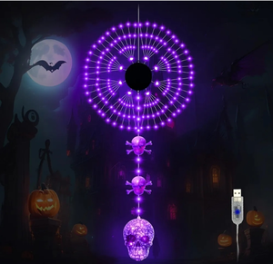 lot 7429108 image: Halloween Window Firework Lights, 192 LED Purple Firework Lights with 2 Small Skulls and 1 Big Skulls, USB Powered 8 Modes Halloween Hanging Lights for Home Indoor Halloween Decorations