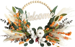 lot 7429146 image: TEMPUS 16 Fall Wooden Bead Wreath Autumn Leaf Pumpkin Wreath with Welcome Sign for Front Door Decorations Farmhouse Decorations Celebrate The Autumn Harvest