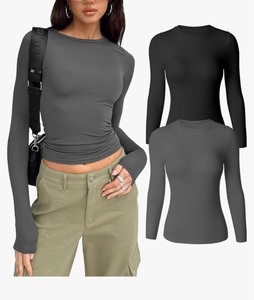lot 7429153 image: HYZ Womens Casual Long Sleeve Crew Neck Slim Fit Going Out Seamless Two Piece Tops Tshirt