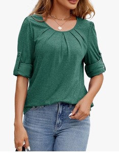 lot 7429155 image: Long Sleeve Shirts for Women Fall Pleated Front Round Neck Tops Womens Casual 34 Roll Up Sleeve Tunic Top GREEN 2XL