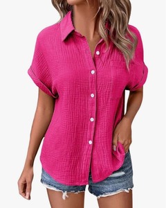 lot 7429160 image: Cotton Shirts for Women Casual Roll Up Short Sleeve Button Down Blouses with Pocket Summer Solid Color Business Work Tops Pink