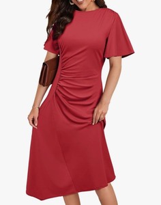 lot 7429161 image: BLENCOT Womens Casaul Crewneck Ruched Waist Midi Long Dresses Short Flared Sleeve Solid Color Dress XL