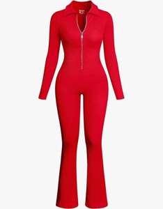 lot 7429162 image: OQQ Women Flare Pants Jumpsuits One Piece Long Sleeve Zipper Wide Leg Jumpsuits RED SMALL
