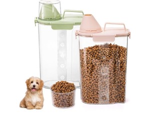 lot 7429163 image: DEAYOU 2 Pack Plastic Cat Dog Food Storage Container, 3 to 5Lbs Airtight Rice Bin with Pour Spout and Measuring Cup, Portable Travel Pet Food Dispenser for Small Animals, Bird Seed, Dry Food, Flour