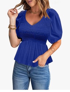lot 7429167 image: Acelitt Womens Spring Summer Puff Short Sleeve Peplum Top Casual V Neck Smocked Blouses Dressy Shirt XL