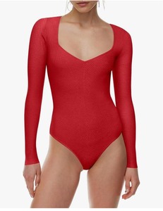 lot 7429172 image: Saslax Womens Sweater Bodysuit Square Neck Long Sleeve Ribbed Knit Body Suits Sexy Slim Fit Basic Casual Trendy Outfits Tops RED