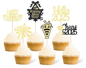 lot 7429180 image: Gexolenu 24 Pcs Happy New Year Cupcake Toppers Hello 2025 Cupcake Picks Glitter Black Cheers To 2025 Fireworks Cake Picks For New Year Eve Party Decoration Supply