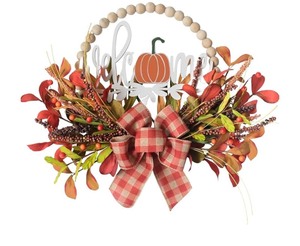 lot 7429200 image: TEMPUS 16 Autumn Artificial Wood Bead Wreath Fall Leaves Wreath Grain Harvest Half Circle Wreath for Front Door Hanging Wall Decoration Thanksgiving Home Farmhouse Decor
