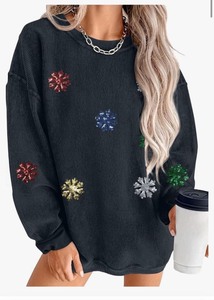 lot 7429202 image: VILOVE Christmas Sweatshirt For Women Christmas Sequin Snowflakes Pullover Ribbed Sweatshirt Corded Crewneck Tops LARGE