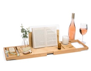 lot 7429206 image: Bathtub Tray with Waterproof Shield Keeps Your Book Open �� Extendable Bamboo Bath Tray with Wine Glass Holder - Luxury Bath Tub Caddy Tray for Relaxing in The Bathtub