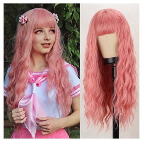 lot 7429229 image: MERISIHAIR Long Pastel Pink Wig with Bangs,Synthetic long Light Pink Wigs for Women,Heat Resistant Wavy Colored Pastel Pink Wig for Cosplay Party