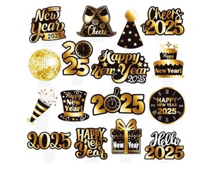 lot 7429230 image: Happy New Year Party Decoration 2025 - Black and Gold Party Balloon Boxes Supplies - Includes Balloon Boxes, Balloon, Light Strings, Banner, Foil Balloon, New Years Eve Decor Kit