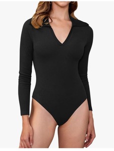 lot 7429233 image: Long Sleeve Bodysuits for Women Ribbed Knit Bodysuit V Neck Body Suits for Womens Blouse Collared Shirt Top LARGE