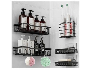 lot 7429250 image: Adhesive Shower Caddy,5 Pack Shower Shelves with 8 Hooks,Soap Holder & Toothbrush Holder, Rustproof Stainless Steel Bathroom Shelves Bathroom Organizers and Storage and Home Decor, Black