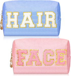 lot 7429269 image: Sotiff 2 Pcs Preppy Patch Makeup Bag Waterproof Chenille Letter Cosmetic Bag Portable Toiletry Bag Zipper Pouch Travel Organizer for Women(Pink, Blue,Cute Styl