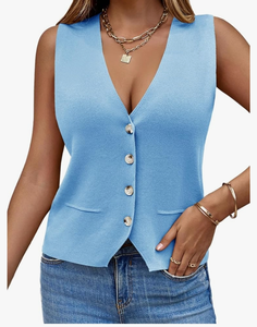 lot 7429272 image: HXAO Womens Casual Knit Vest Sleeveless Cropped Sweater Vest Crochet V Neck Cardigan Top with Button and Pockets Sweater Vest Blue, Medium