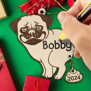 lot 7429289 image: Personalized Pug Pooping 2024 Christmas Ornament - Funny Dog Ornament for Pug Lovers - Customizable Wooden Ornament with A Marker (Marker Not Included) - Pug Poop Gag Gift