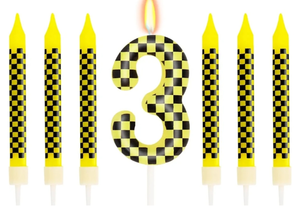 lot 7429307 image: 7 Pcs Number 3 Racing Cars Birthday Candle Set, Race Car Theme Cake Topper, Truck Themed Birthday Party Decorations, Black Yellow Checkered Candles