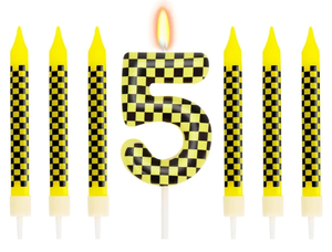 lot 7429308 image: 7 Pcs Number 5 Racing Cars Birthday Candle Set, Race Car Theme Cake Topper, Truck Themed Birthday Party Decorations, Black Yellow Checkered Candles
