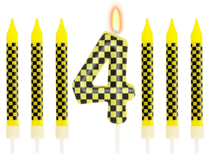 lot 7429309 image: 7 Pcs Number 4 Racing Cars Birthday Candle Set, Race Car Theme Cake Topper, Truck Themed Birthday Party Decorations, Black Yellow Checkered Candles