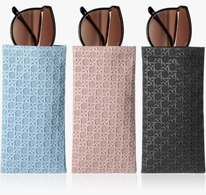 lot 7429333 image: Molain Sunglasses Case, 3 Pcs Soft Eyeglass Cases Weaving Checkered Sunglass Case Portable Squeeze Top Leather Glasses Pouch(Black, Pink, Blue)