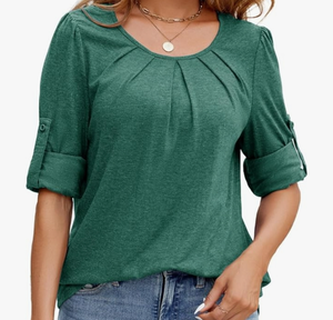 lot 7429336 image: Long Sleeve Shirts for Women Fall Pleated Front Round Neck Tops Womens Casual 34 Roll Up Sleeve Tunic Top 2XL