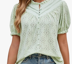 lot 7429342 image: Womens Summer Tops Dressy Casual Short Lantern Sleeve Blouses V Neck Buttons Lace Eyelet Tops Shirts 2024 Large