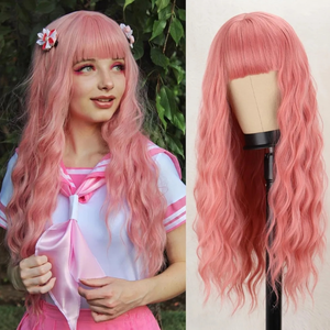 lot 7429352 image: MERISIHAIR Long Pastel Pink Wig with Bangs,Synthetic long Light Pink Wigs for Women,Heat Resistant Wavy Colored Pastel Pink Wig for Cosplay Party