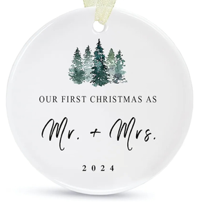lot 7429354 image: First Christmas as Mr and Mrs Ornament 2024,1st Year Wedding Ornament for Newlywed,Our First Married Christmas Ornament,Ceramic Hanging Decoration for Couples Just Married with Gift Box&Ribbon (2.9