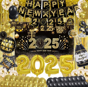 lot 7429357 image: Happy New Year Party Decoration Supplies - 2025 Backdrop Banner Fringe Curtains and Foil Balloon, Photo Booth Props, Swirls, Confetti, New Years Eve Black and Gold Decor Photography Backdrops Kit