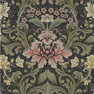 lot 7429367 image: Abyssaly William Morris Floral Wallpaper Peel and Stick Vintage Dark Green Pink Wall Murals Flower Wallpaper Removable Self-Adhesive Contact Paper for Home Kitchen Bedroom Decor 17.7in x 393.7in