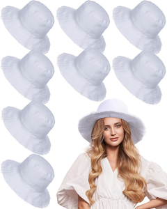 lot 7429373 image: Funtery 8 Pieces White Frayed Bucket Hat Wide Brim Sun Hat Floppy Cotton Beach Hat for Women Men Outdoor Vacation Travel Fishing Accessories