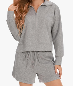 lot 7429379 image: KZAIONE Half-zip Cropped Sweatshirt High Waist Shorts Set Grey XL