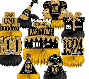 lot 7429381 image: LINAYE 100th Birthday Decorations for Men Women, Black and Gold Honeycomb Centerpieces for 100 Year Old Birthday Party,100th Birthday Centerpieces for Table,Vintage 100th Birthday Decoration Decor