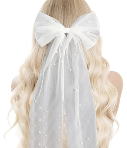 lot 7429405 image: Bachelorette Party Decorations Pearl White Hair Bow - Bridal Veil Hair Clip Bridal Shower Gift, Bridesmaid Favors, Girls Large Hair Bow Veil Pre-wedding Party Supplies