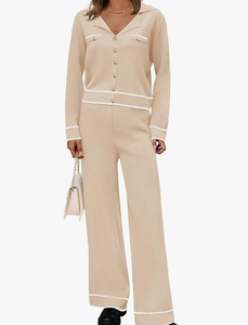 lot 7429428 image: ZESICA Womens Fall Knit Two Piece Outfits Casual Long Sleeve V Neck Sweater Shirts and Wide Leg Pants Matching Lounge Sets Large