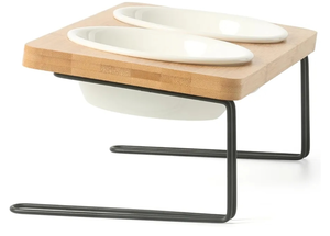 lot 7429444 image: FUKUMARU Elevated Cat Ceramic Bowls, Small Dog 15° Tilted Raised Food Feeding Dishes, Solid Bamboo Water Stand Feeder Set for Cats and Puppy
