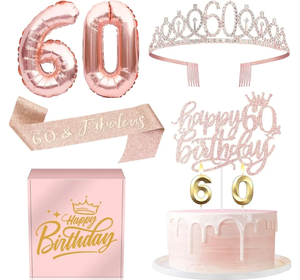 lot 7429455 image: 60th Birthday Gifts Decorations for Women - 60 Birthday Cake Topper, Balloons, Queen Sash, Crown and Candle Set, Rose Gold