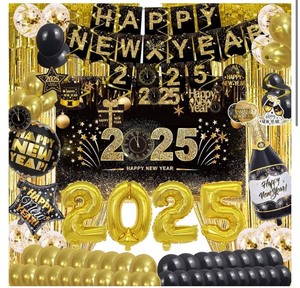 lot 7429475 image: Happy New Year Party Decoration Supplies - 2025 Backdrop Banner Fringe Curtains and Foil Balloon, Photo Booth Props, Swirls, Confetti, New Years Eve Black and Gold Decor Photography Backdrops Kit