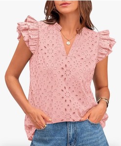 lot 7429480 image: BTFBM Women Summer Eyelet Tops Dressy Casual V Neck Ruffle Cap Sleeve Cotton Boho Shirts Lace Embroidered Blouses 2025