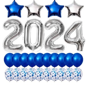 lot 7429485 image: 2024 Balloons Graduation Decorations, Graduation Party Supplies 2024, 40 Inch Silver 2024 Balloons with 4 Star Mylar Foil and 20 Latex Balloon, New Years Eve Party Supplies - Blue and White