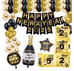 lot 7429487 image: Happy New Year Party Decoration 2025 - Black and Gold Party Balloon Boxes Supplies - Includes Balloon Boxes, Balloon, Light Strings, Banner, Foil Balloon, New Years Eve Decor Kit